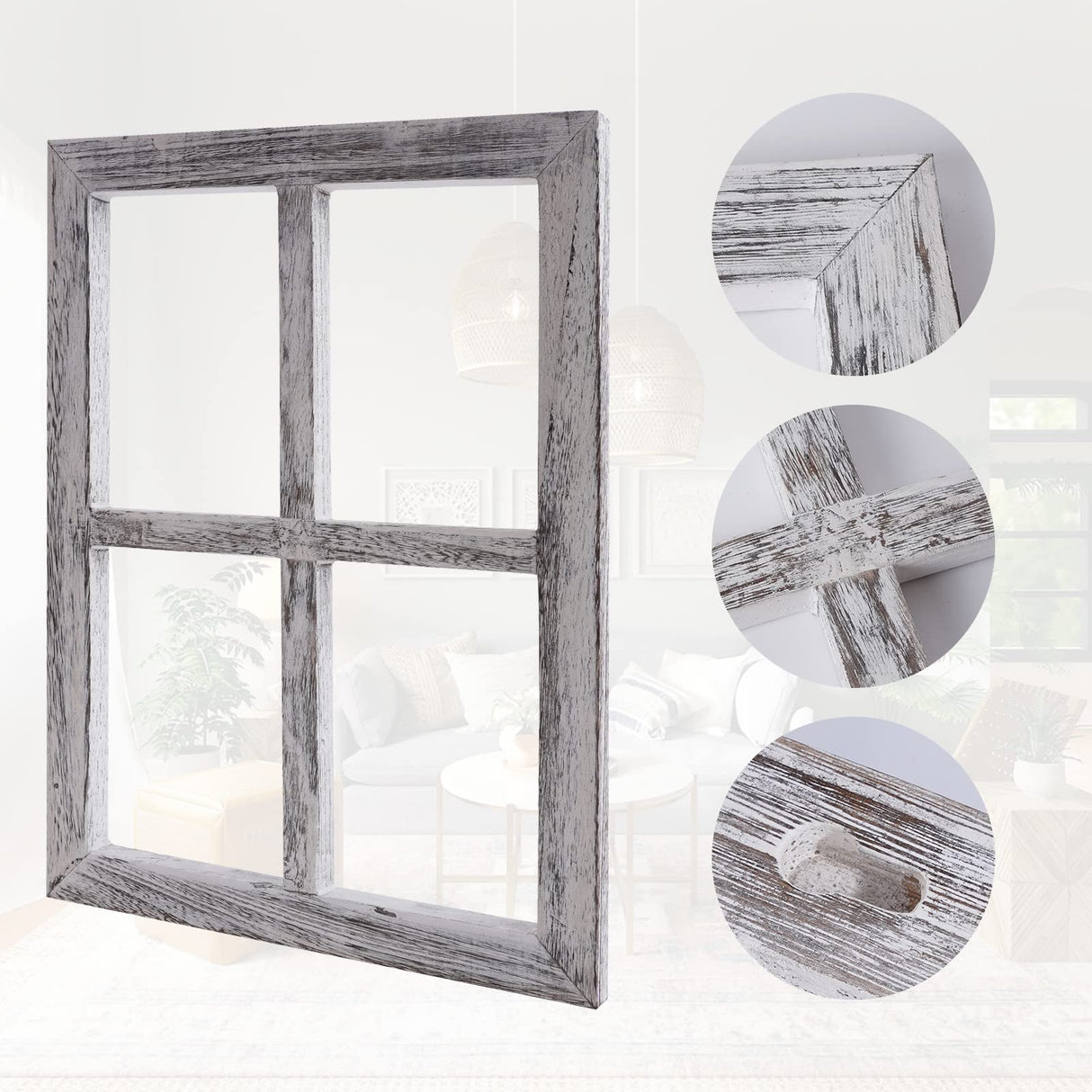 WAKOSAN Rustic Wood Window Frame with Green Wreath and Arrows Wall Decor,Farmhouse Window Frame Wall Decor, Wooden Fake Window Decoration,Window Pane Wall Decor,Set of 2 (White) WAKOSAN