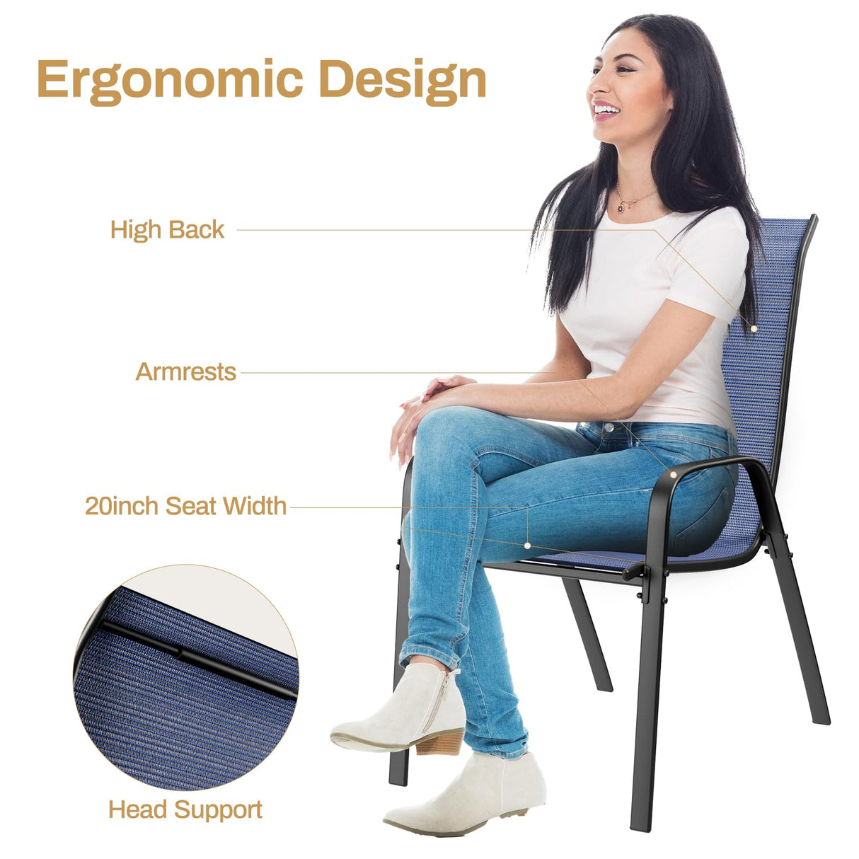 Arlopu 5 Piece Outdoor Patio Dining Set (Umbrella not Included), Porch Furniture with 4 Textline Chairs, 1 Square Glass Table for Garden, Backyard and Poolside, Lawn (Navy Blue) Arlopu