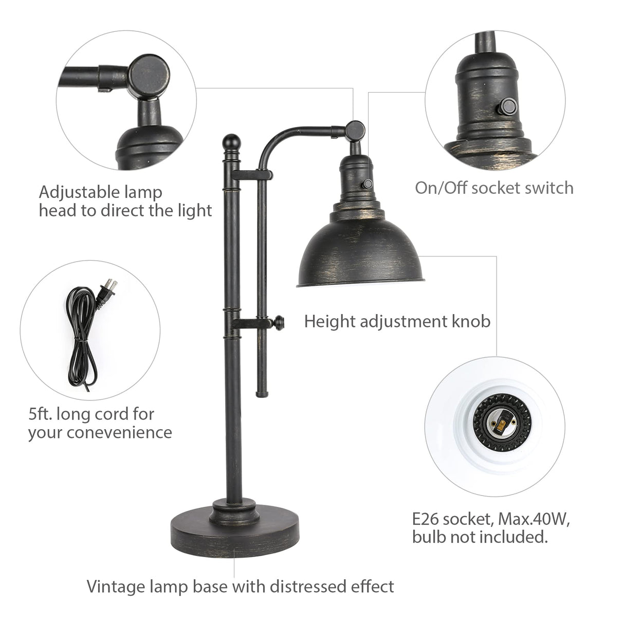VONLUCE Rustic Desk Lamp Black Adjustable, Industrial Style Metal Task Lamp (25"-29"), Vintage Work Lamp, Farmhouse Reading Lamp in Aged Bronze Finish, ETL Certificate VONLUCE