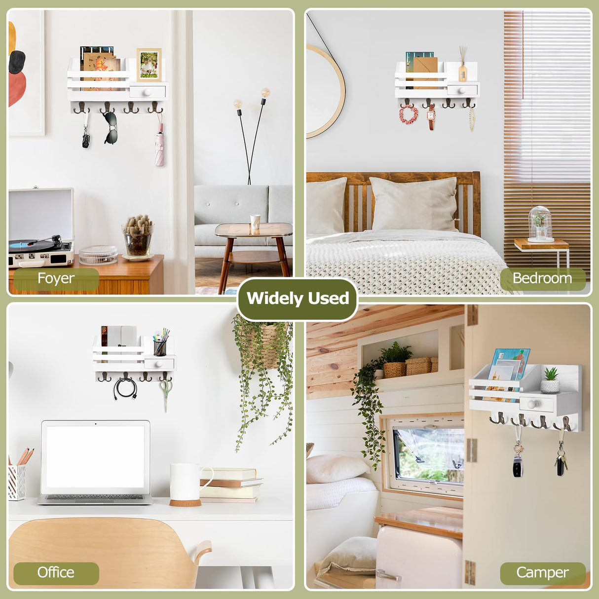 HOMEBROS Key Mail Holder for Wall, White Wooden Key Mail Organizer with Drawer Wall Mount Key Rack with Shelf Key Storage Hanger with 8 Key Hooks for Entryway Hallway 2 Installation Methods HOMEBROS