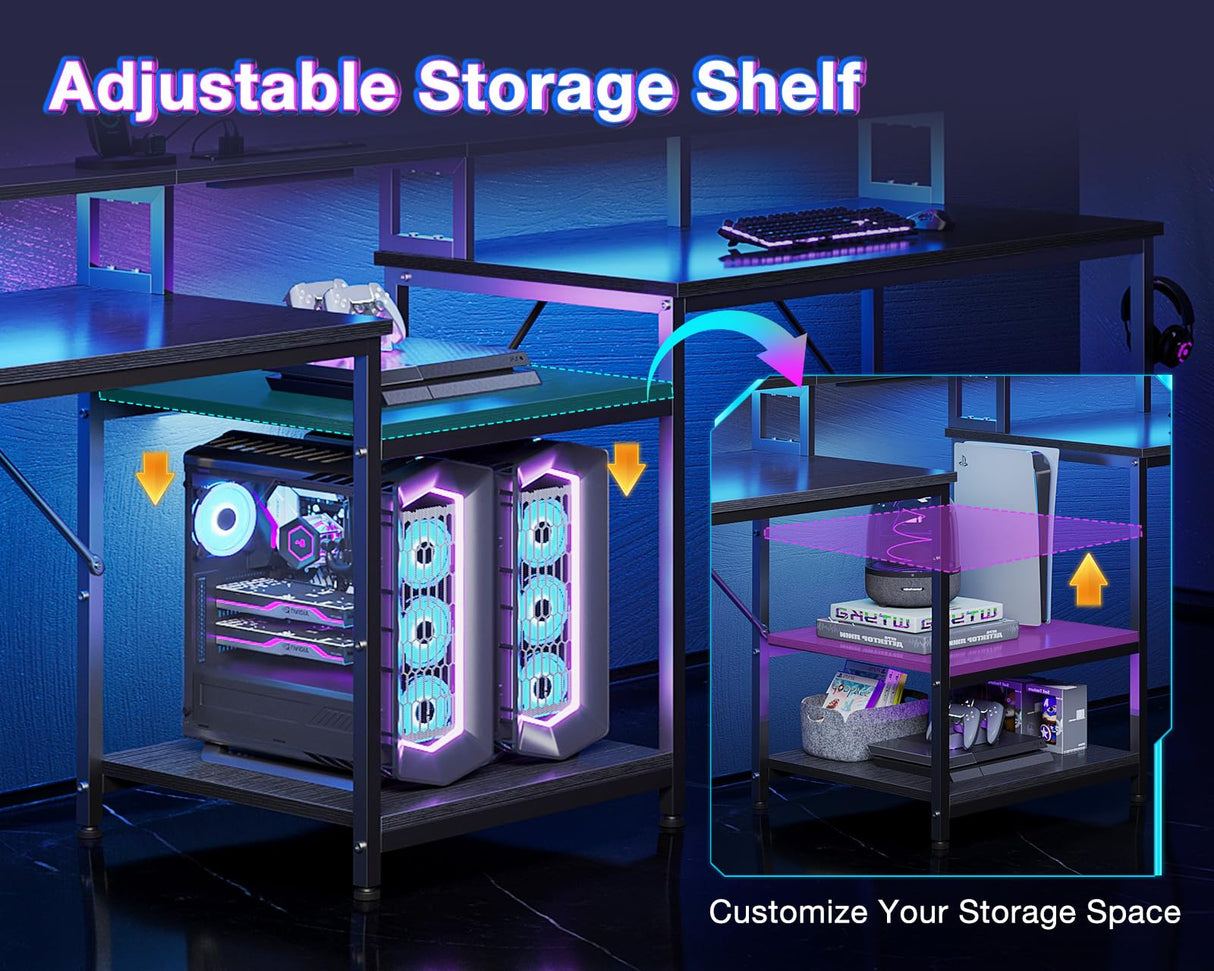 Coleshome 98 Inch 2 Person Gaming Desk with Storage Shelves- Long Double Home Office Computer Desks with USB Charging Port & LED Lights, Writing Desk with Monitor Stand, Modern Study/Work Table, Black Coleshome