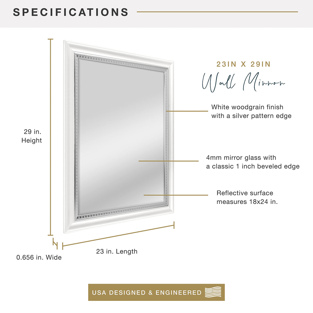 MCS 23x29 Large Wall Mirror, White Woodgrained Frame with Silver Embossed Detail & Beveled Detail Mirror, Vertical & Horizontal Wall Hanging Mirror for Bathroom, Bedroom & Livingroom MCS
