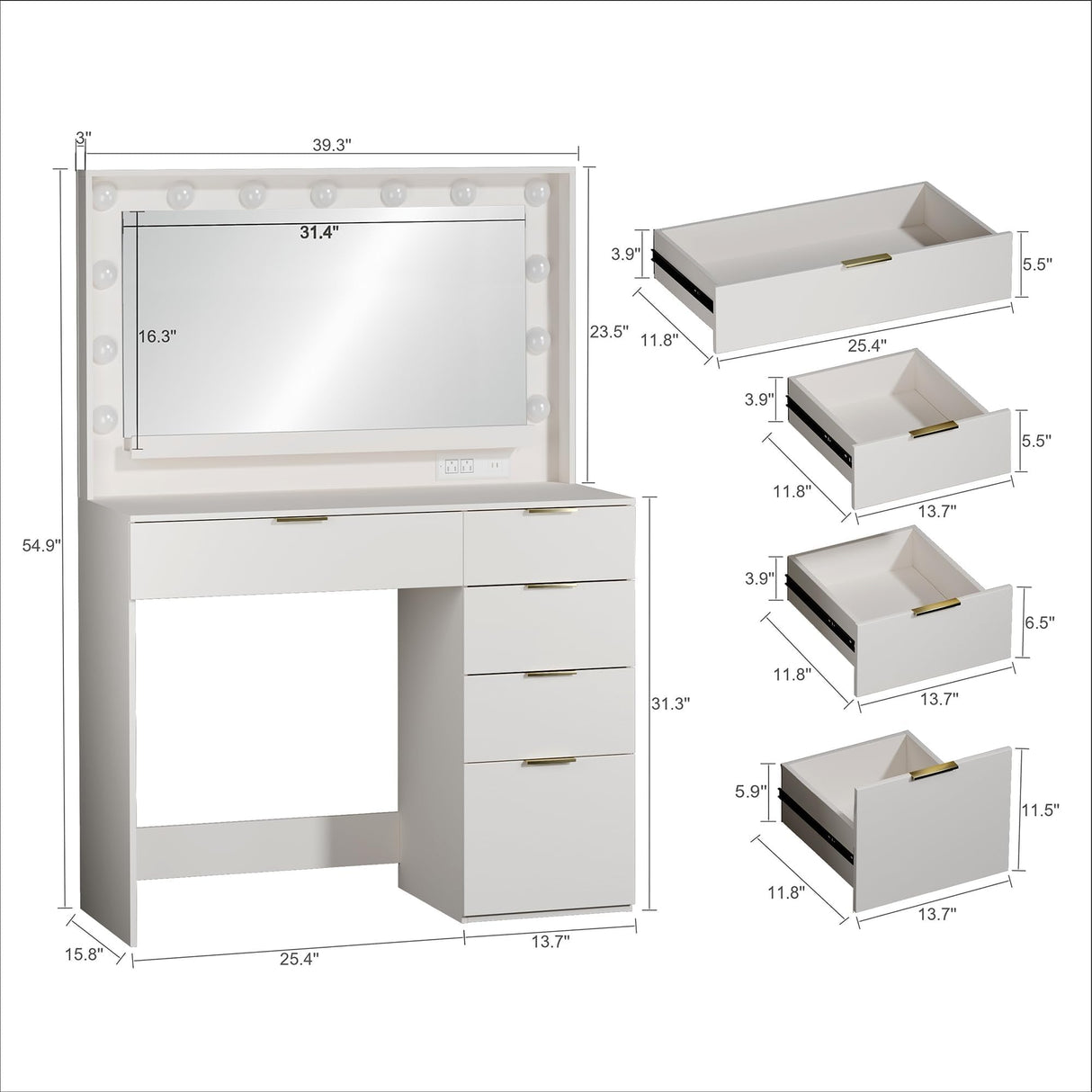 ALEXNUTRE Makeup Vanity Desk with Large Mirror and 13 LED Lights, Vanity Table with Power Outlet & 5 Drawers, 3 Lighting Color Adjustable, Vanity Desk for Bedroom and Dressing Room, White ALEXNUTRE
