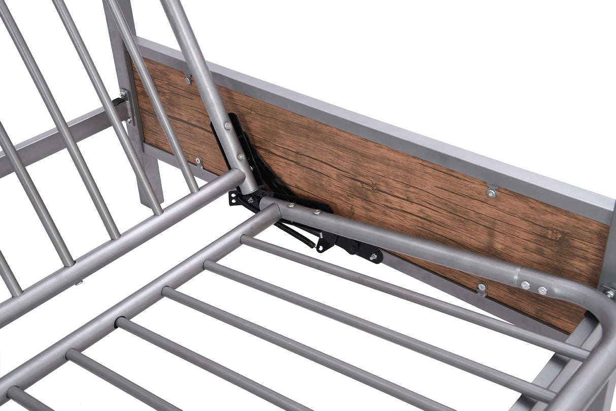 Twin-Over-Futon Bunk Bed, Metal Bunk Bed Frame Twin Over Twin Loft Bunk Bed Frame with Safety Guardrails & Ladder for Teens Adults, Bottom Full Size Bunk Bed Can be Converted into Futon/Seat (Gray) MWrouqfur