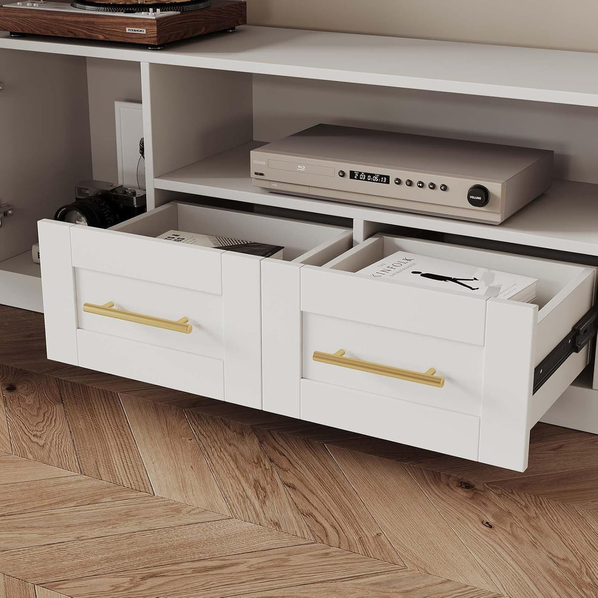 Entertainment Wall Unit: 4-Piece TV Stand with Bookshelves & Storage, Media Center for Living Room, Up to 70" TVs, White Bobve