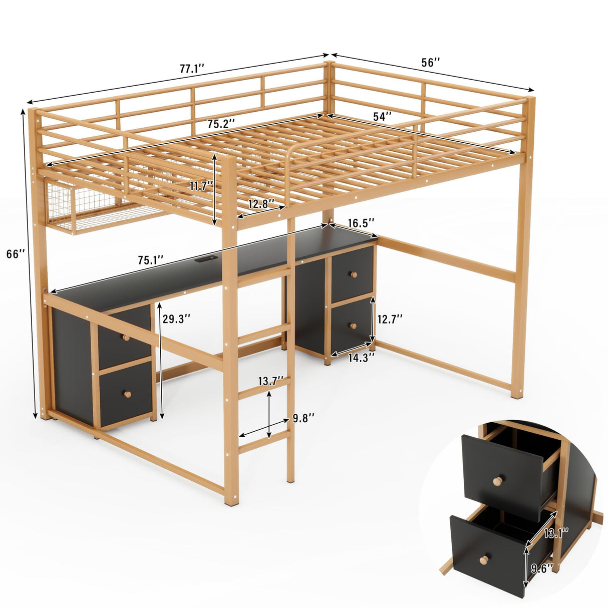 Full Size Loft Bed with Desk and Storage Drawers, Metal Loft Bed with Bookcase and Charging Station, Full Size Loft Bed Frame with Guardrail, Full Loft Bed for Kids, Gold Black Loft Bed Full Bellemave