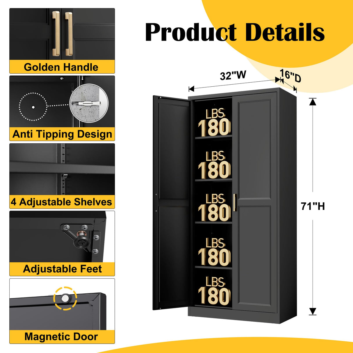 Kitchen Pantry Cabinet,71”Black Metal Pantry Storage Cabinet with Doors and 4 Adjustable Shelves,Kitchen Cabinet with 2 Gold Handles,Tall Cabinet for Livingroom,Pantry, Bathroom SteeLoong
