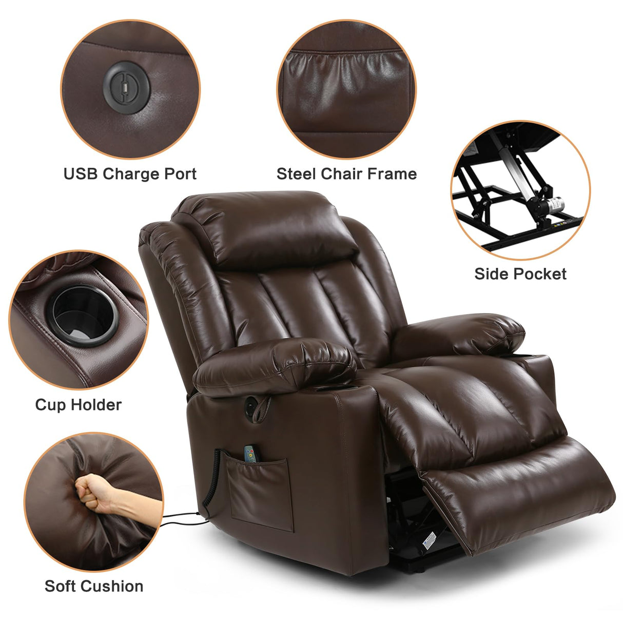 PARKOL Power Lift Recliner Chair for Elderly Breathable Leather Recliner Chair with Massage and Heat for People Limited Mobility,2 Cup Holders,Electric Stand Assist,USB Ports,Gifts for Family (Brown) PARKOL