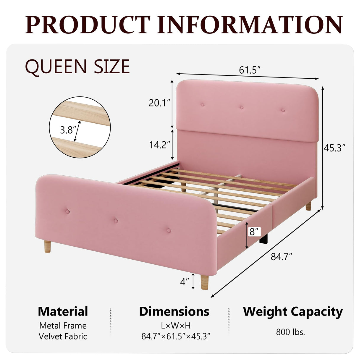 Queen Size Platform Bed Frame with Velvet Upholstered Headboard, Button Tufted Headboard and Footboard, Anti-Collision Soft Rounded Corners, No Box Spring Needed, Easy Assembly, Pink viplov