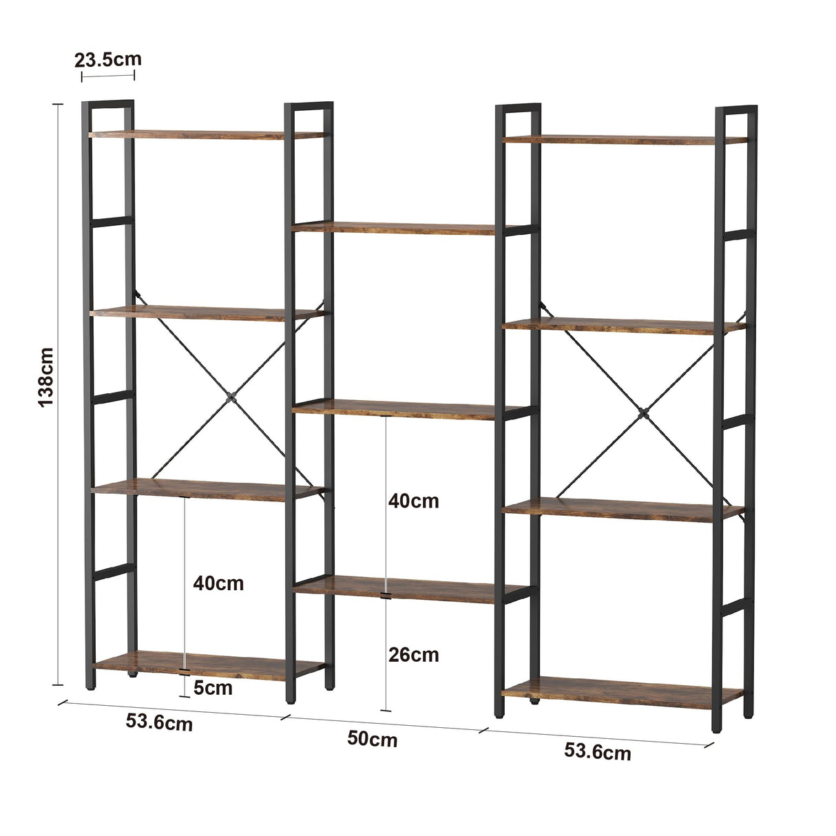 Panana Triple 4/5/6 Tier Bookshelf, Industrial Bookcase with 11/14/17 Open Display Shelves Wide Book Shelf Book Case with Metal Frame for Living Room Home Office (Brown, 4 Tier) Panana