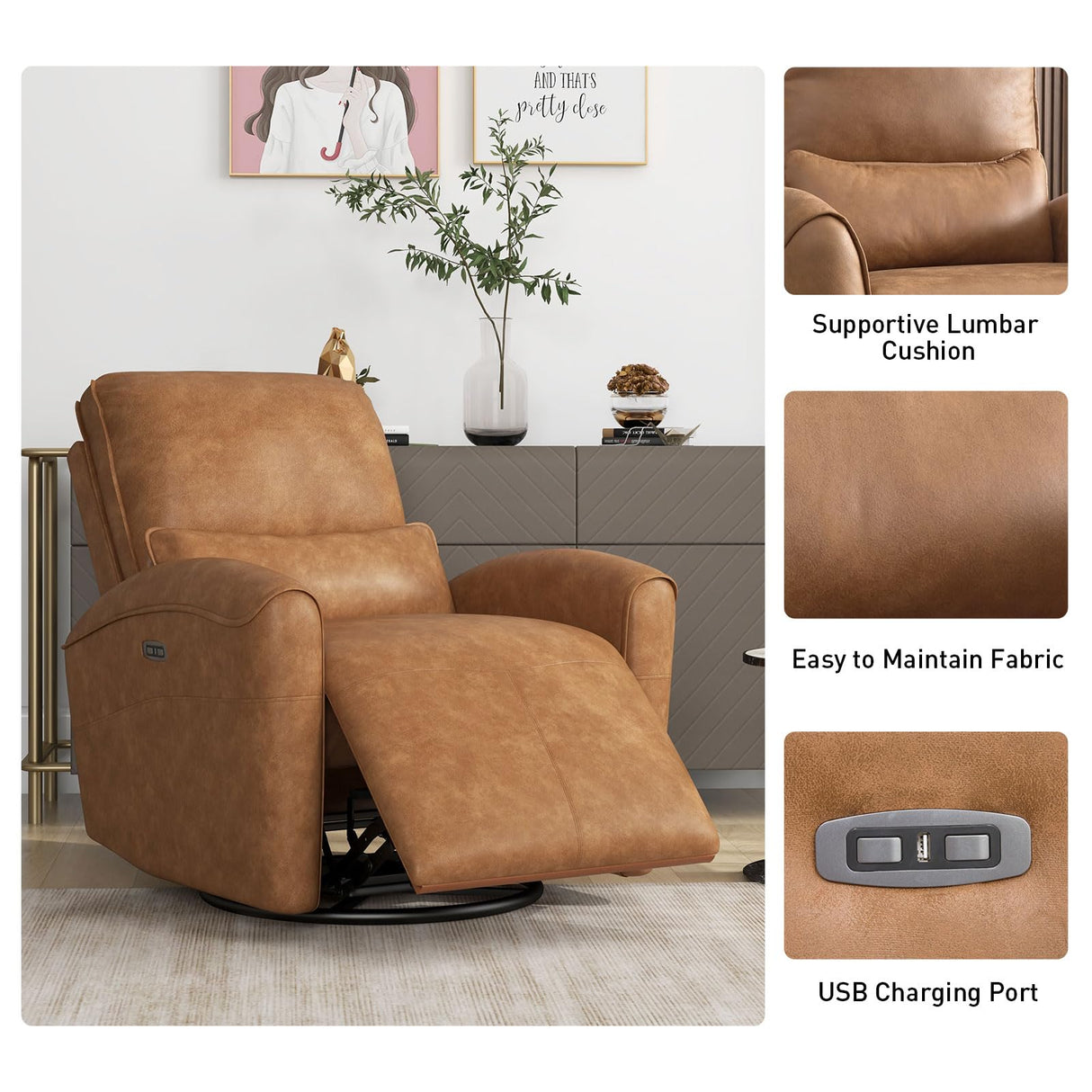 Bonzy Home Power Swivel Rocker Recliner Chair with USB Port, 23.2" Wide Seat, Fixed Lumbar Support, Upholstered Glider Chair for Nursery Living Room, Brown Bonzy Home