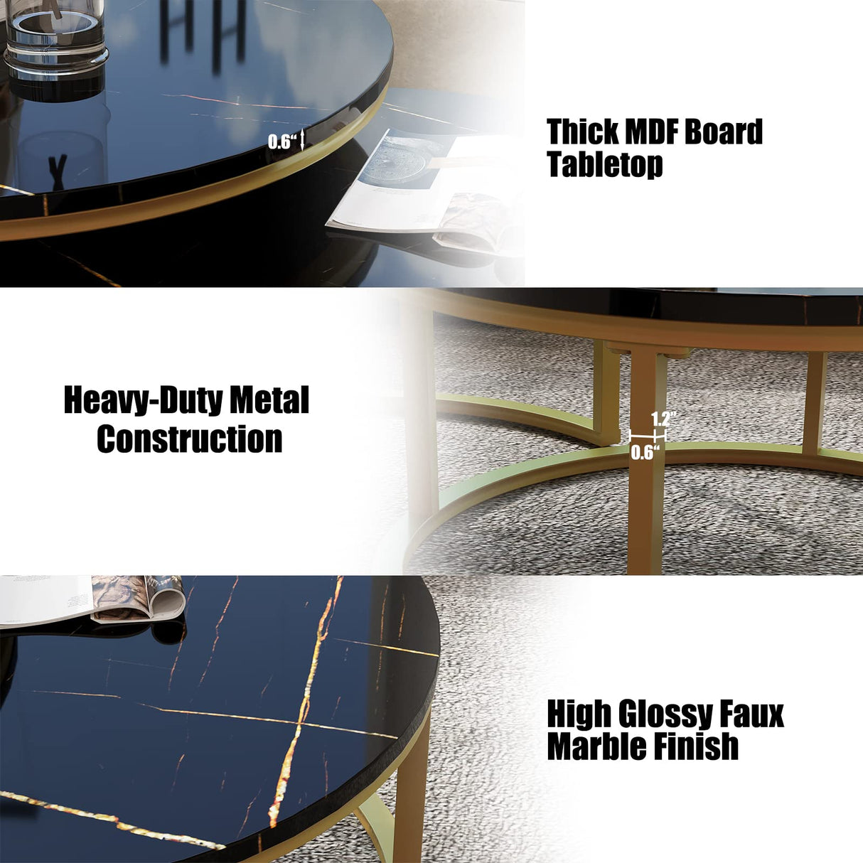 WiberWi Round Coffee Table Nesting Tables Set of 2, Large : Ø 34.0", Small : Ø 26.0", Modern Design Coffee Tables for Living Room, Gold Metal Frame Circle Cocktail Table, High Glossy Faux Black Marble WiberWi