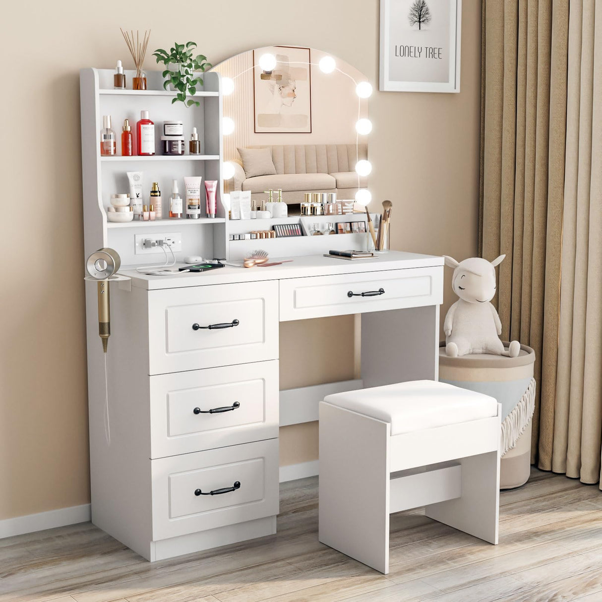Vabches Makeup Vanity Desk with Lights and Charging Station, White Vanity Set Makeup Table with 4 Drawers Lots Storage, 3 Lighting Colors, Large Size 39.4in(W) Vabches