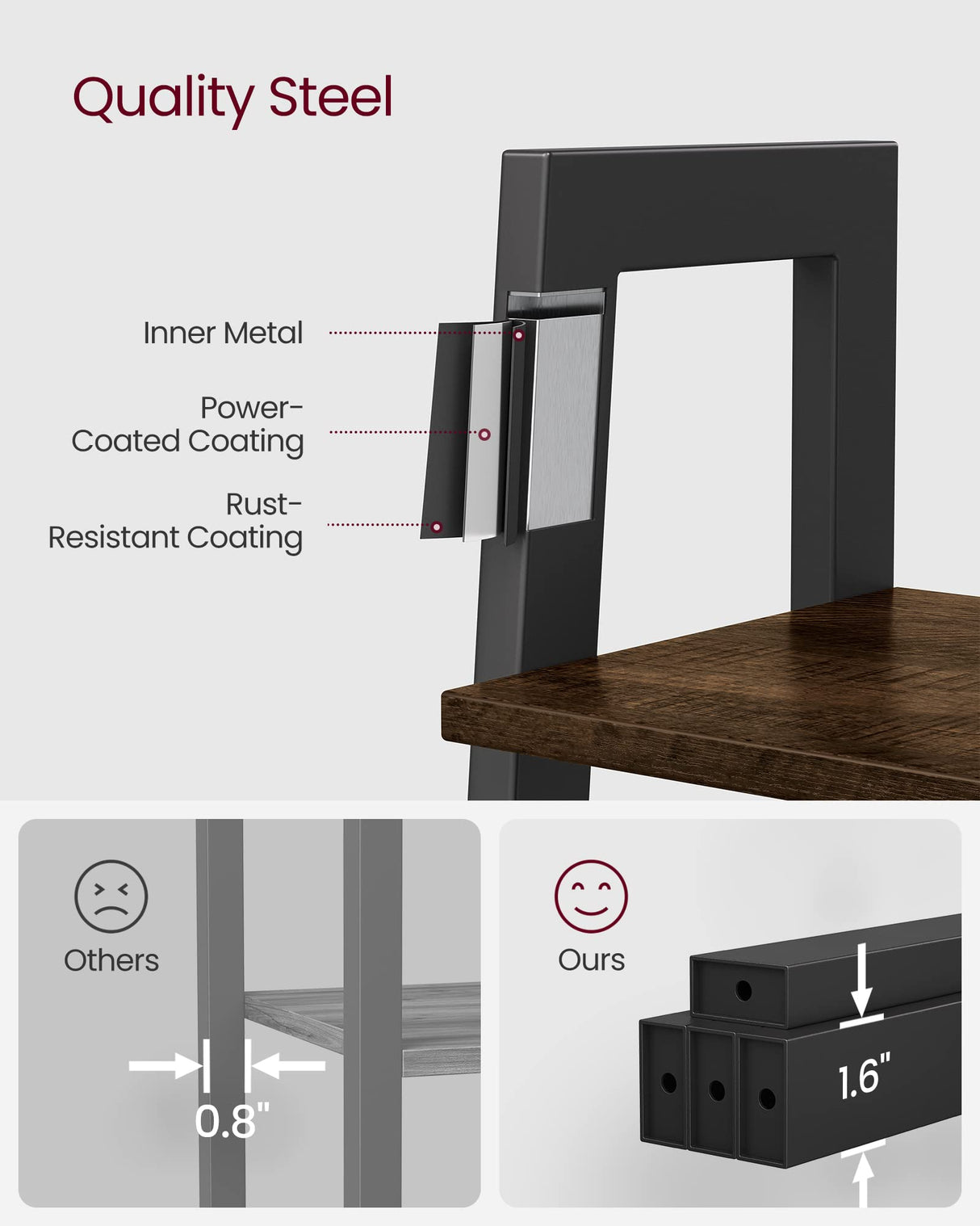 VASAGLE Ladder Shelf, 4-Tier Bookshelf, Storage Rack, Bookcase with Steel Frame, for Living Room, Home Office, Kitchen, Bedroom, Industrial Style, Rustic Dark Brown and Black ULLS44BF VASAGLE