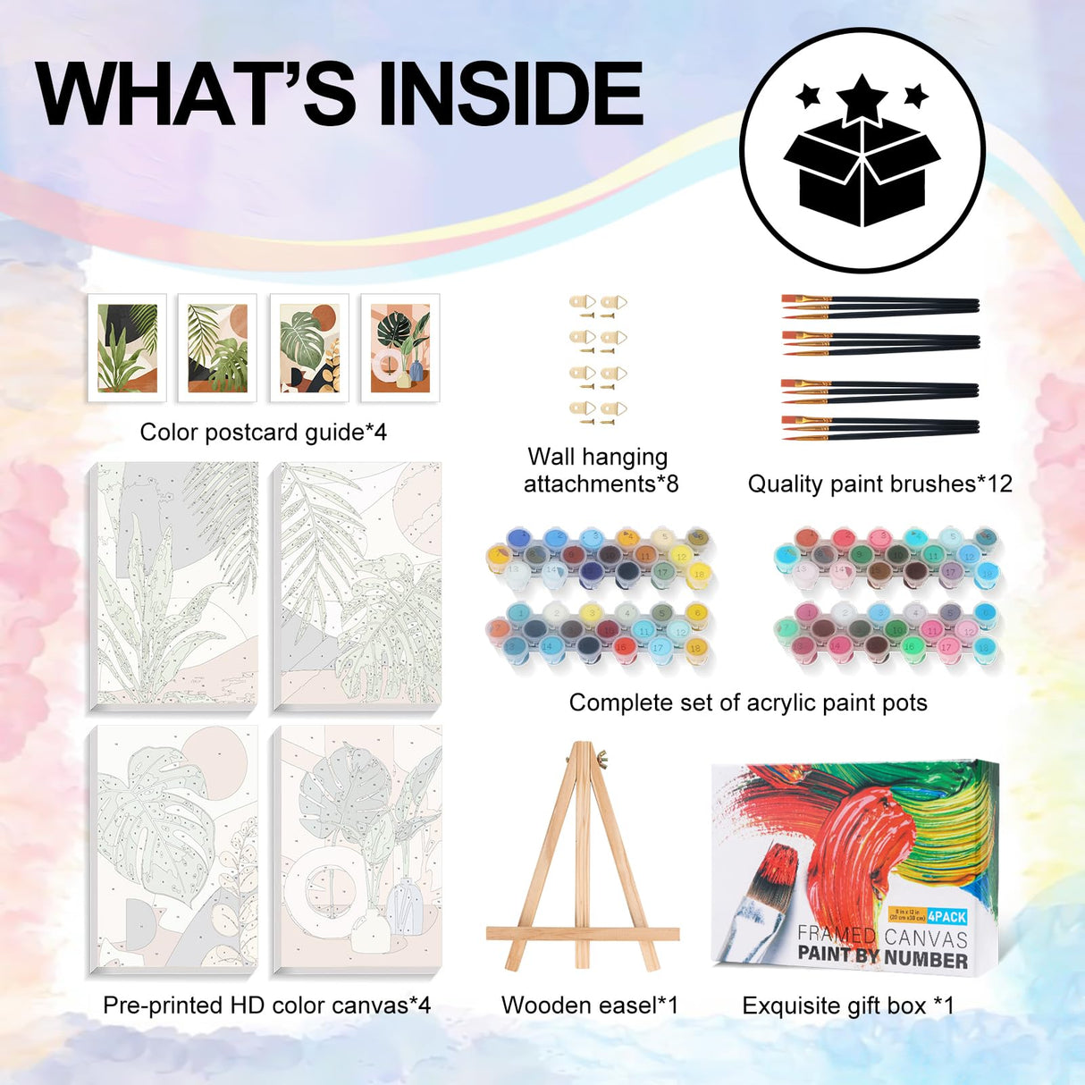 4 Pack Framed Paint by Numbers Kit for Adults Beginner with Wooden Easel, Green Plant Paint by Number Kits with Frame, DIY Acrylic Simple Painting by Numbers for Home Wall Decor Gift 8x12 inch Yezavesu