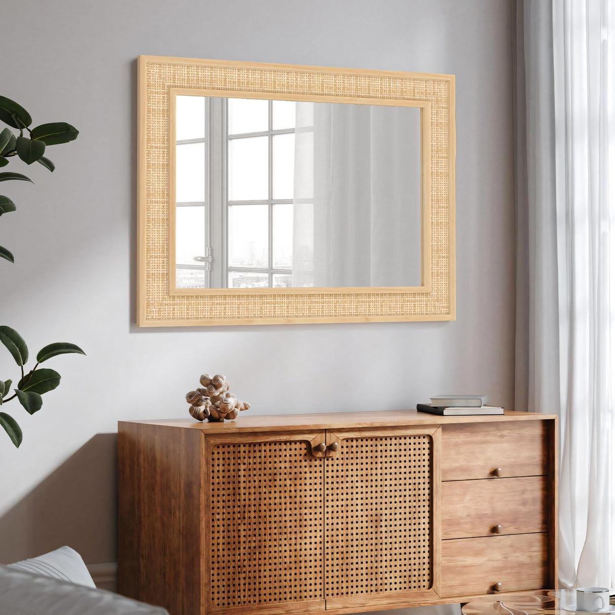 FUWU HOME Rattan Wall Mirror with Wooden Framed 24 X 32 inch Farmhouse Rectangle Wood Mirror for Modern Decorative Bathroom, Living Room, Entryway, Bedroom FUWU HOME
