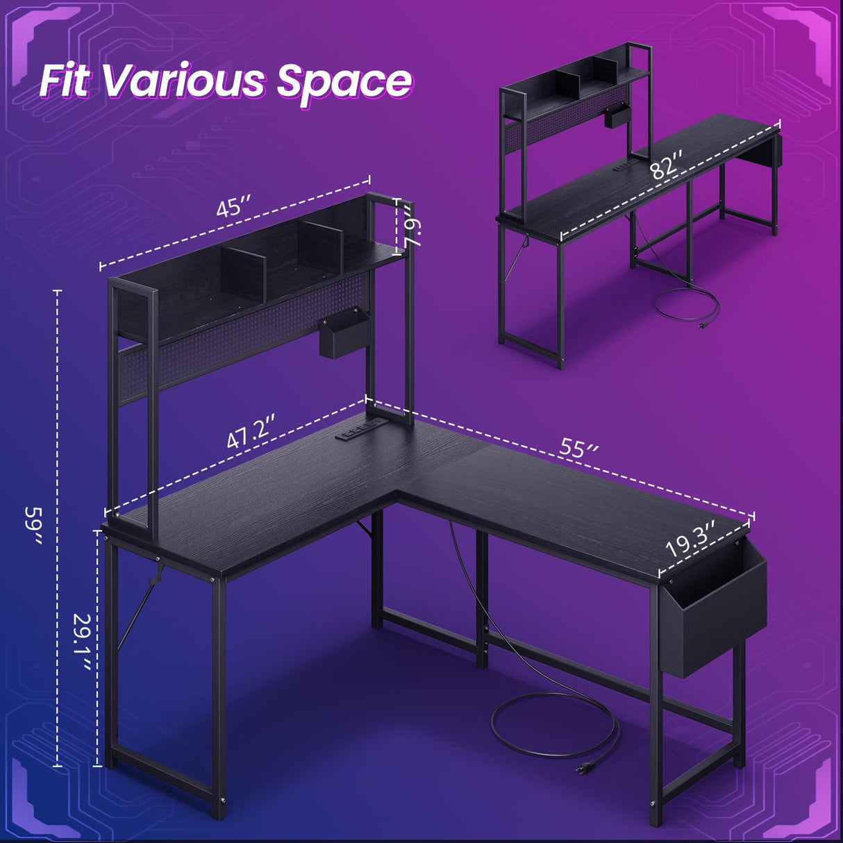 DOMICON Gaming Desk Computer Desk with Storage, L Shaped Desk with Power Outlet & LED Strip, Office Desk with Pegboard, Corner deck for Home Office Black DOMICON