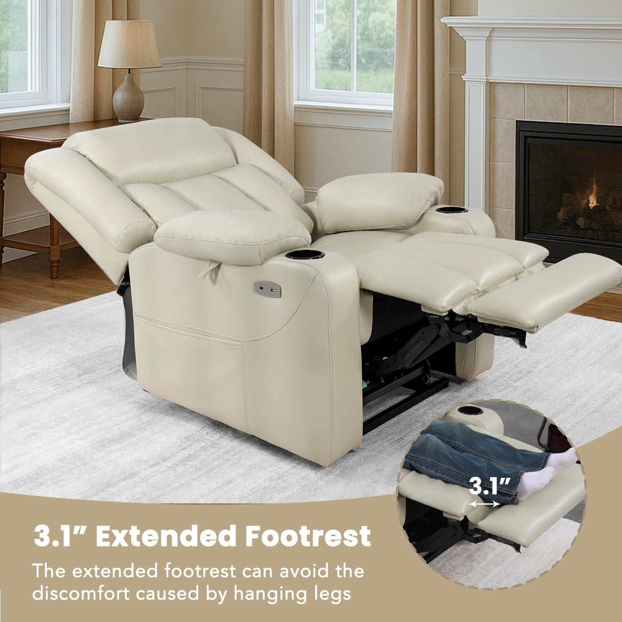 EONIX Dual Motor Oversized Power Lift Recliner Chair for Elderly, 400lbs Heavy Duty Faux Leather Recliner with Massage and Heat, Lay Flat Big and Tall Lift Chair with Cup Holders, Cream White EONIX