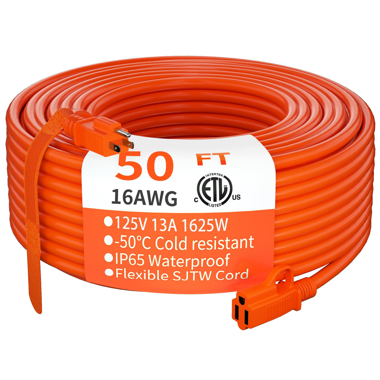 HUANCHAIN Indoor Outdoor Extension Cord 50 ft Waterproof, 16/3 Gauge Flexible Cold-Resistant Appliance Extension Cord Outside, 13A 1625W 16AWG SJTW, 3 Prong Heavy Duty Electric Cord Orange, ETL huanchain