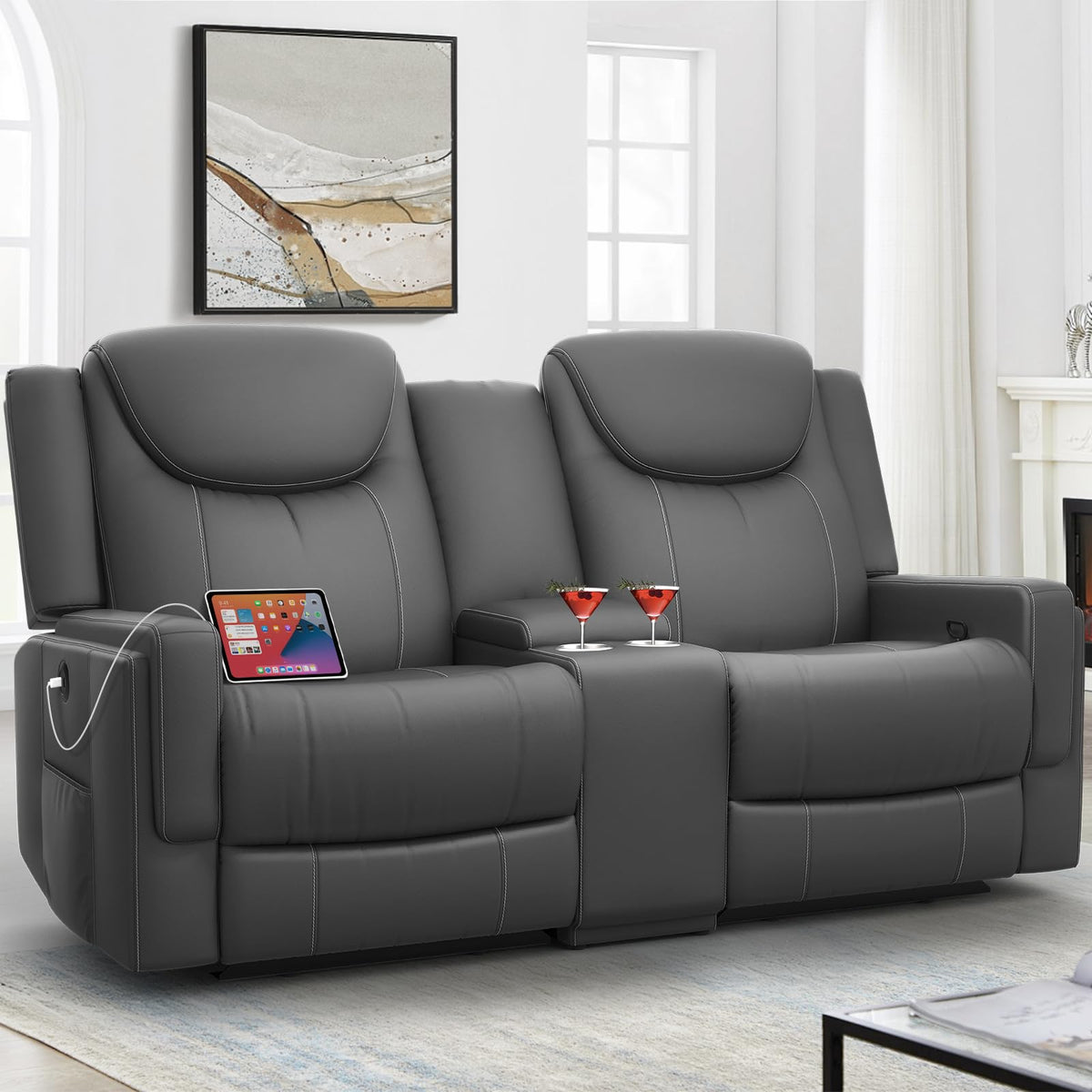 Dresegmt Loveseat Recliner Sofa, Gray PU Leather Double Recliner Loves ...