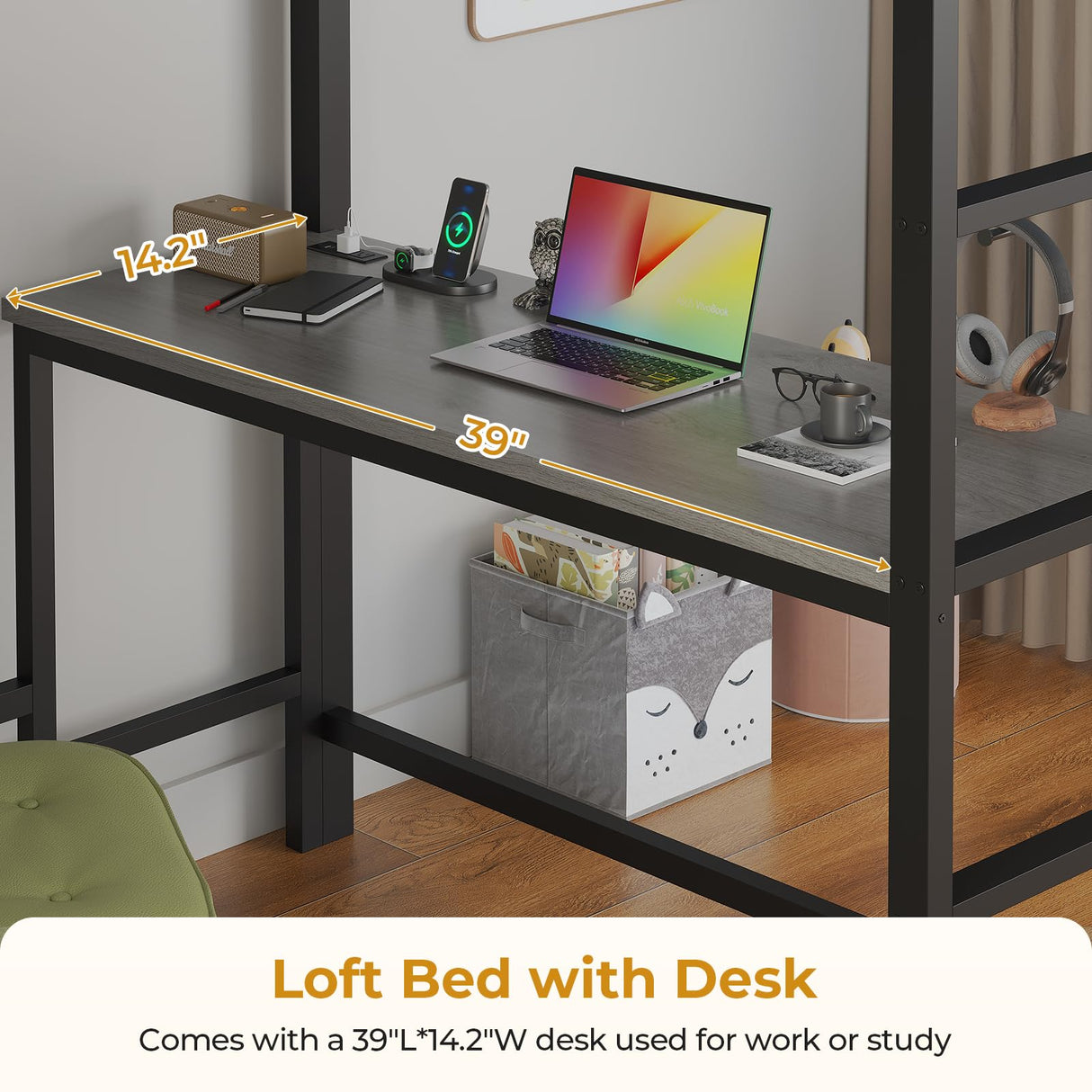 ADORNEVE Twin Size Loft Bed with Desk and 8 Storage Drawers, Metal Loft Bed Twin with LED Lights & Charging Sation, Storage Shelves, 13.1" H Safety Guard & Ladder, No Box Spring Needed, Grey ADORNEVE