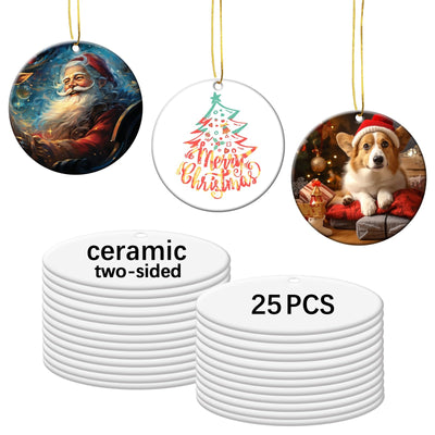 25 PCS Sublimation Ceramic Ornament Blank 3 inch Round Two-Sided Printed White Ceramic Decoration Handmade DIY Personalized Christmas Home Decoration Bulk