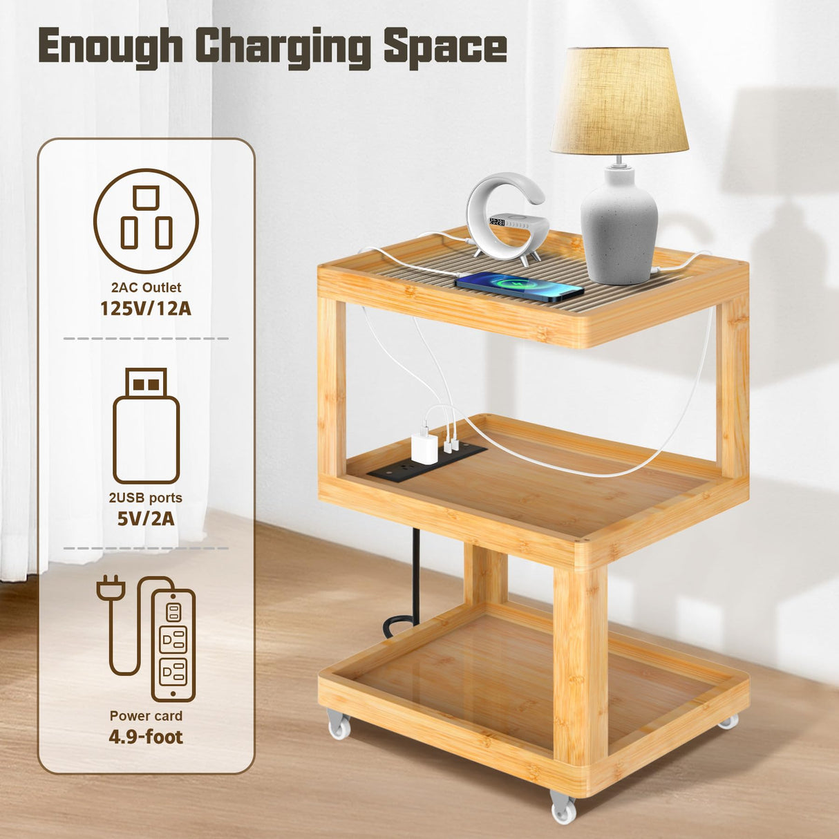Bamboo Bed Side Table with Charging Station, Modern Boho Bedroom Nightstand with Tempered Glass Top, S Shape 3 Tier End Table Sofa Side Table with Wheels for Living Room, Bedroom, Easy Assembly DOKYW