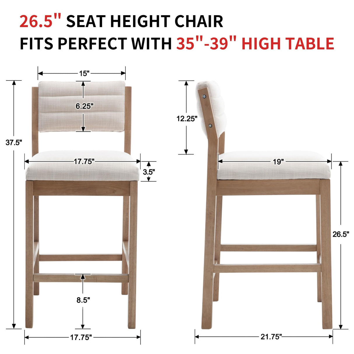 RIVOVA 26" Bar Stools Set of 2 Counter Height Bar Stools for Kitchen Counter, Modern Upholstered Barstools with Back and Wood Legs Linen Stools Farmhouse Island Chairs, Beige RIVOVA
