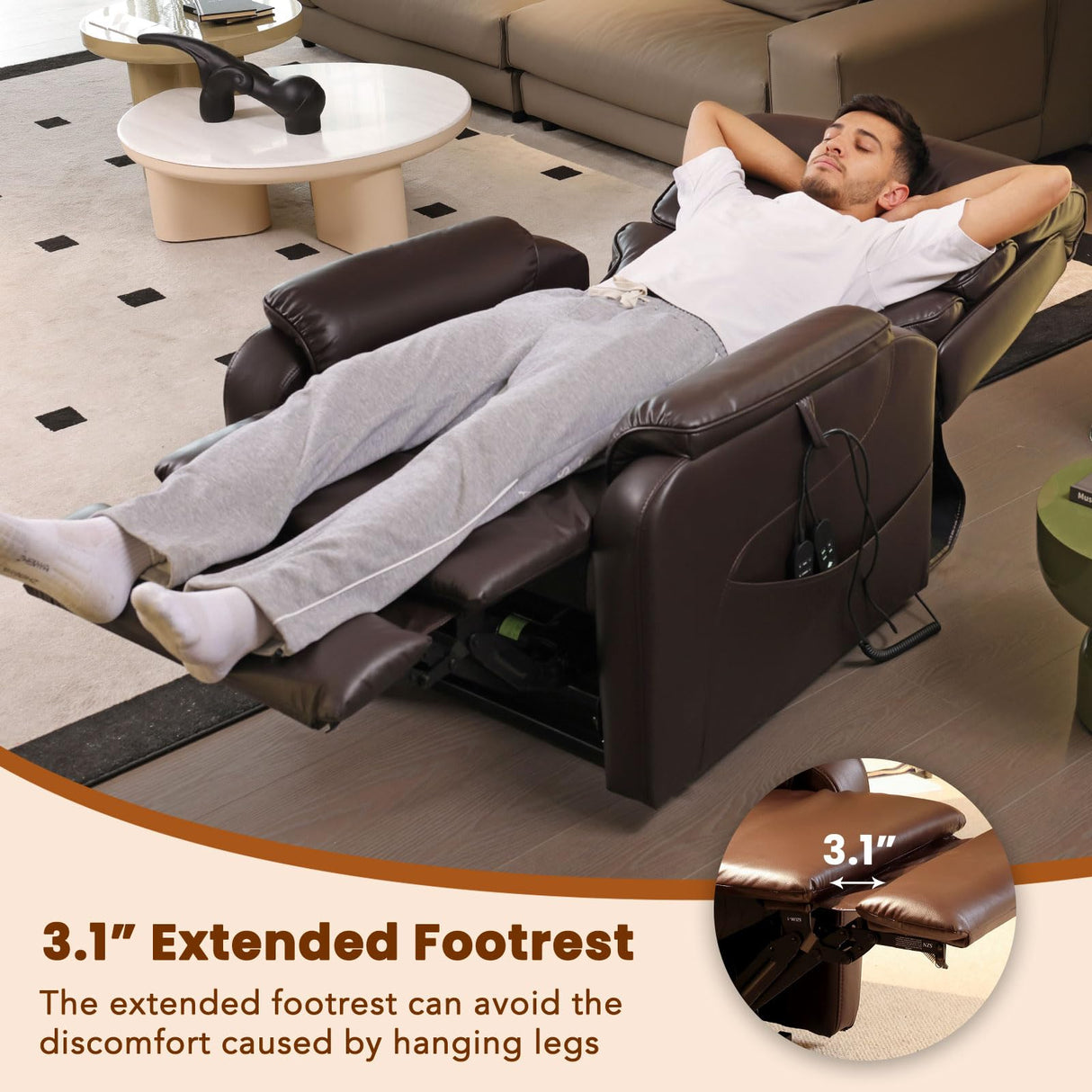 EONIX Wide Lay Flat Power Lift Recliner Chair for Elderly, Oversized Breathable Leather Electric Lift Chairs, 400lbs Heavy Duty Power Recliner with Heat and Massage, SLRY004063, Dark Brown EONIX