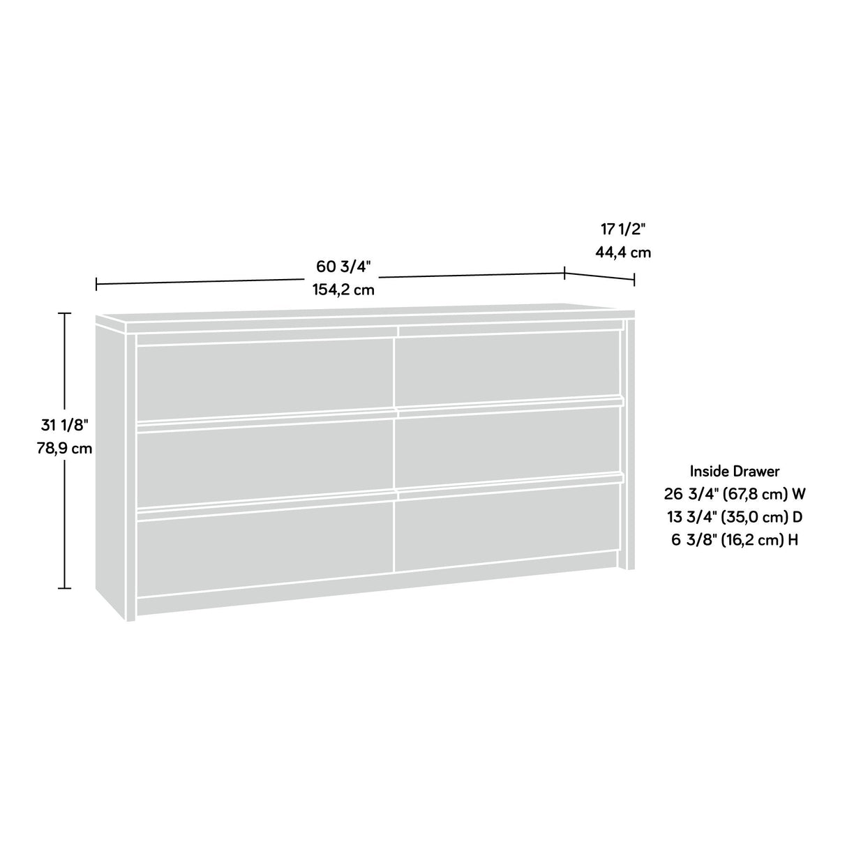 Sauder Harvey Park Dresser, L: 60.71" x W: 17.48" x H: 31.06", Soft White finish Sauder