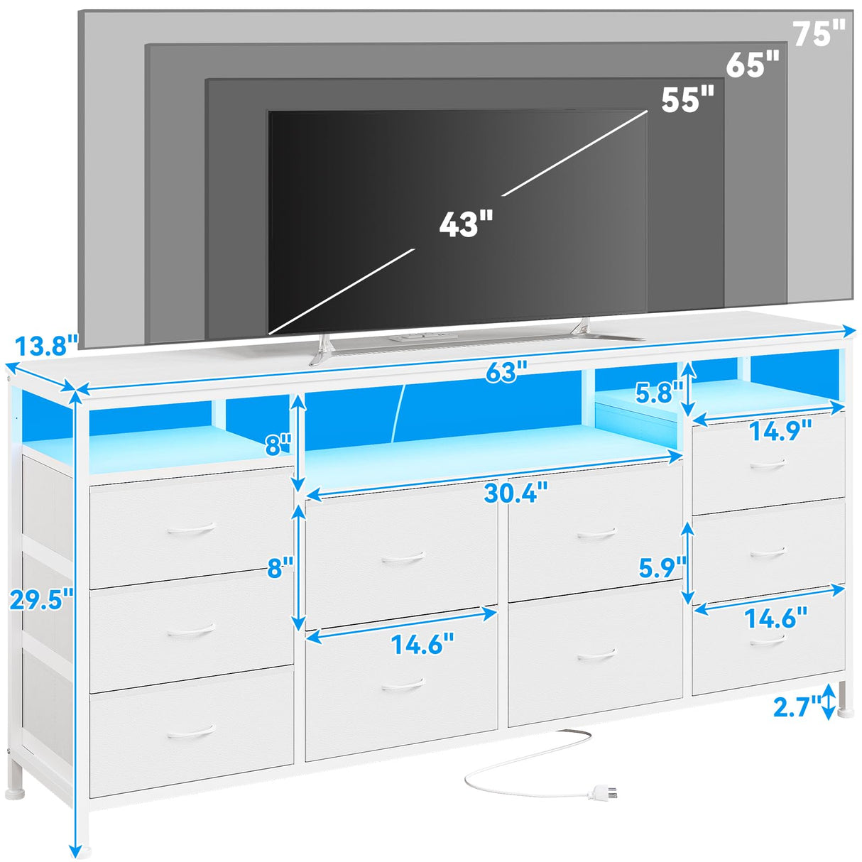 63.3 Inch Dresser for Bedroom, 10 Drawer Dresser Tv Stand for 65 70 75 Inch Tv, Fabric Chest of Drawers with Led Lights & Power Outlets, Long Entertainment Center for Closet, Living Room (White PU) GarveeHome