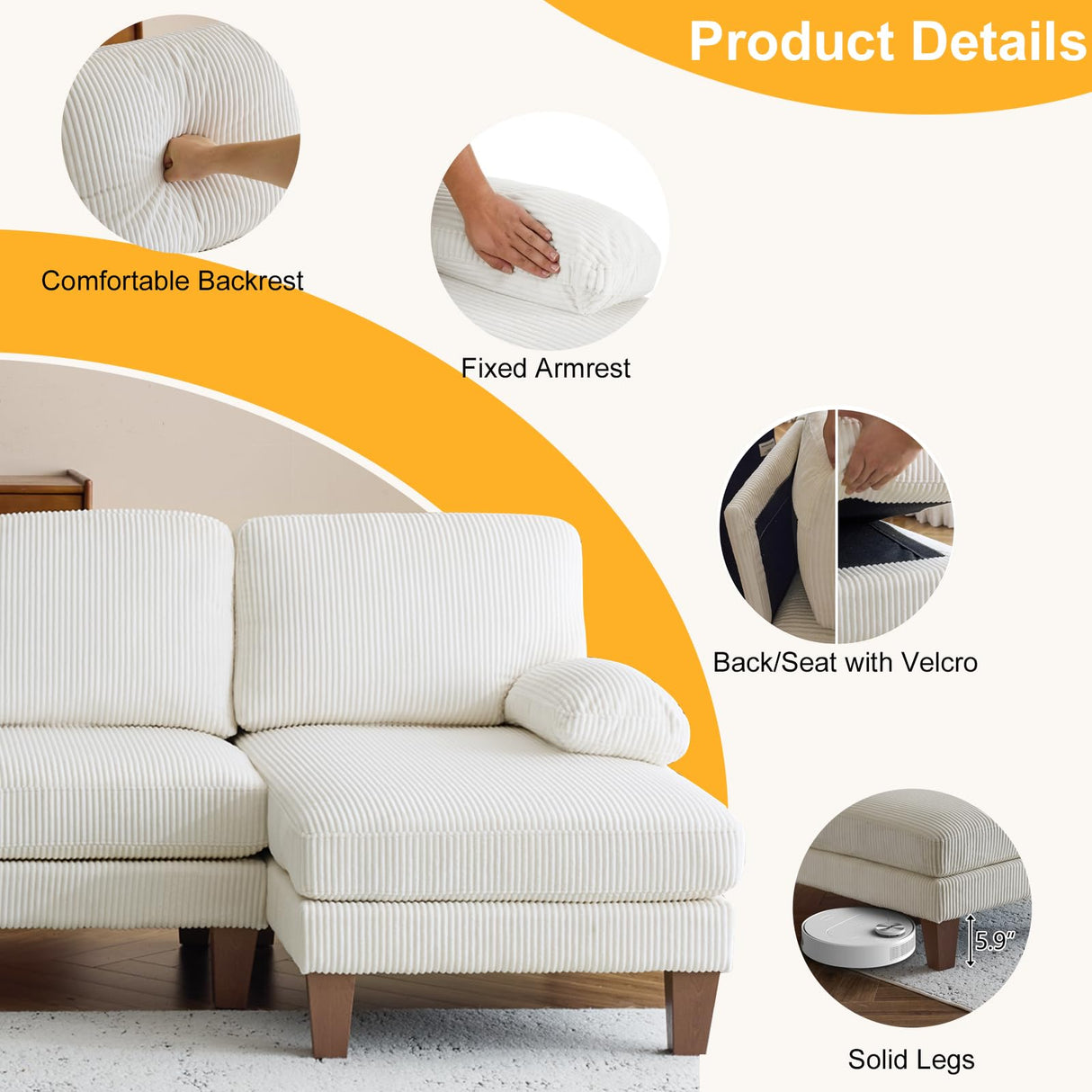 Karl home U-Shape Sectional Sofa Couch 111" Modern 4-Seat Sofa with Chaises Corduroy Fabric Upholstered Covertible Couch with Wood Grain Legs for Living Room, Reception Room, Apartment, Beige Karl home