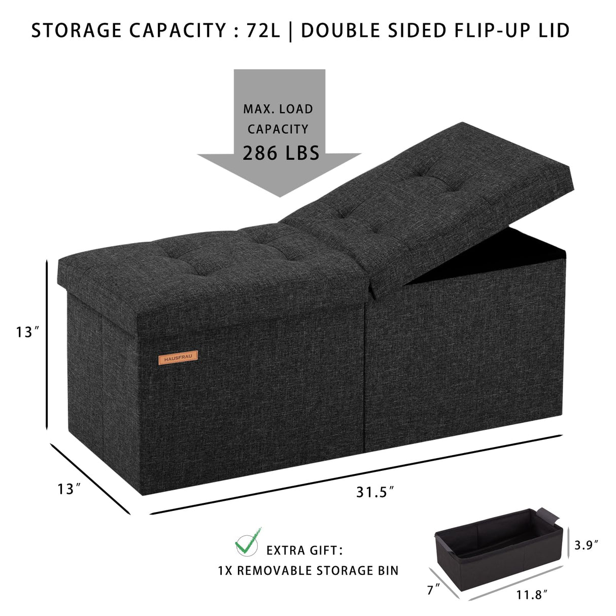 HAUSFRAU 31.5 Inches Ottoman with Storage, Folding Ottoman Bench Small Foot Rest Stool, Bedroom Bench with Flipping Lid, Linen Black HAUSFRAU