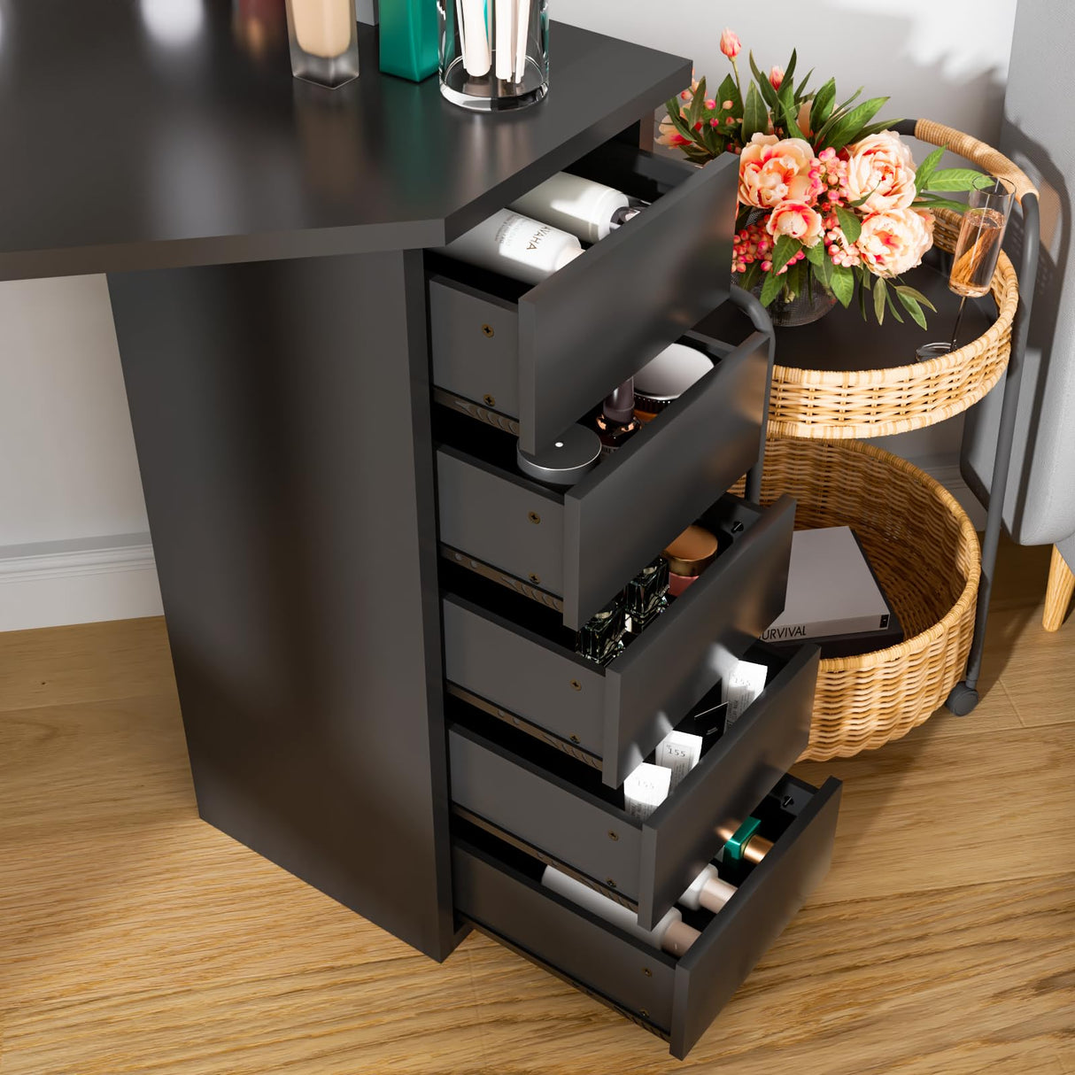 Corner Makeup Vanity Desk with Lighted Mirror - Bedroom Vanity Table Mirror with 5 Drawer and Storage Shelf, 3 Lighting Modes Adjustable, Makeup Table for Women Girls Black 44" Soldow