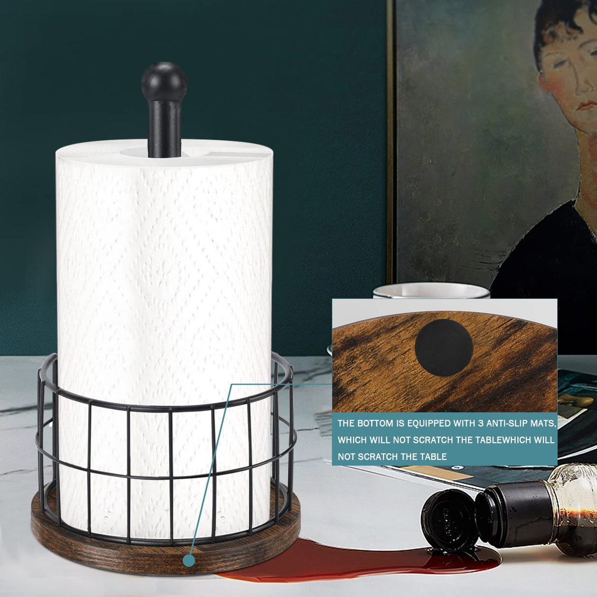 YINMIT Paper Towel Holder Countertop, Standing Paper Towel Roll Holder for Bathroom, Paper Towel Rack with Heavy Duty Wooden Base for Kitchen Counter, Fits Standard or Jumbo-Sized Rolls YINMIT