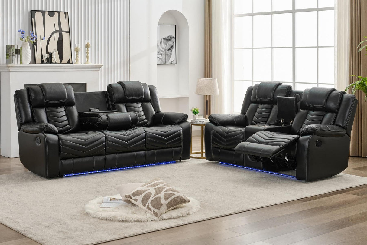 Power Recliner Sofa Set 5-Seater with Zero Gravity,Bass Speaker,Wireless Charger,USB/Type-C Ports,LED Lights,Cup Holders,Faux Leather Electric Reclining Loveseat Couch Recliner Sets,2 Piece,Black Comfort Stretch