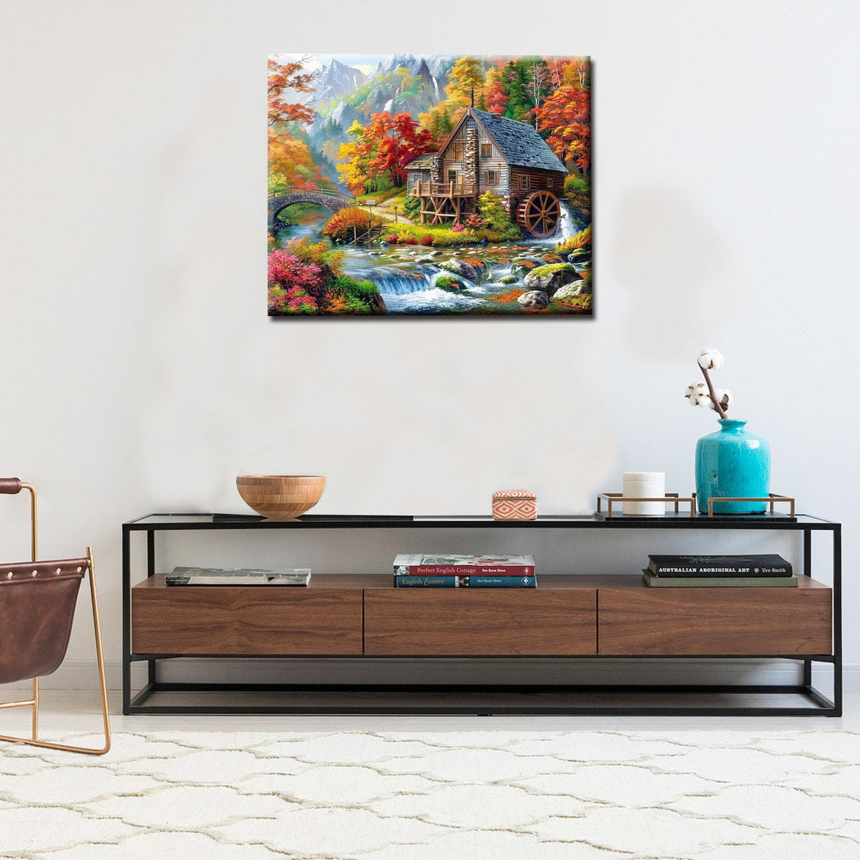 Log Cabin in Autumn Paint by Numbers Mountain River Landscape Paint by Numbers Kits for Adult,Still Life Pictures Painting Art Gift Perfect for Gift Home Wall Decor Without Framed 16''W x 20''H Aihonmin