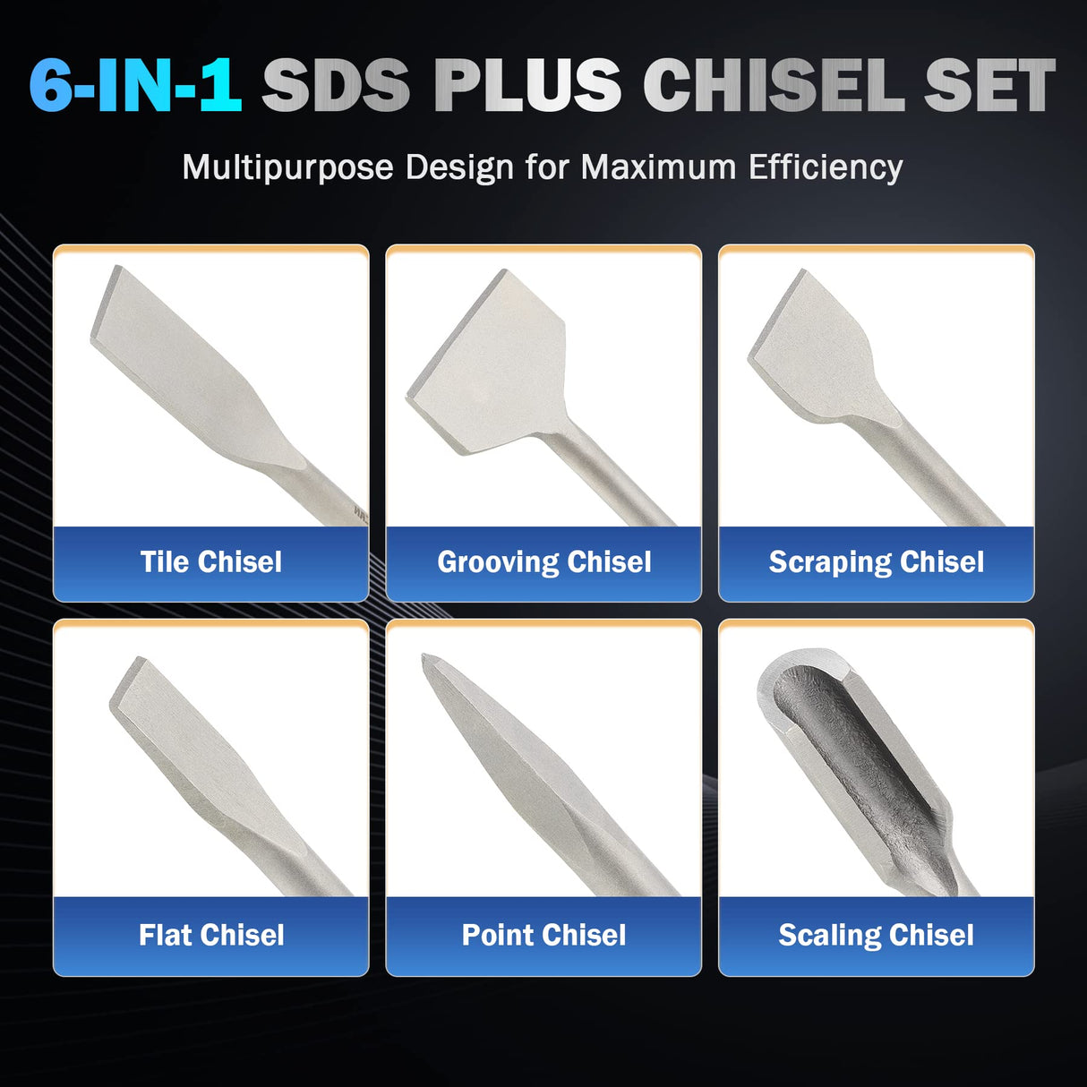 ZELCAN Chisel Set with SDS Plus Shanks, 6pc Masonry Concrete Drill Bit Set, Tile Grooving Scraping Flat Point Scaling Chisels 40Cr Steel Rotary Hammer Drill Tool Kit SDS Plus Bits for Home Improvement ZELCAN