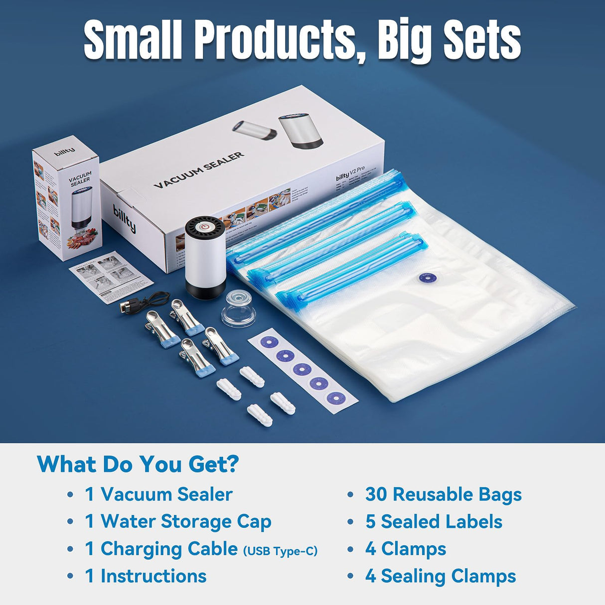 Billty Vacuum Sealer, Handheld Vacuum Sealer, 3rd Generation Vacuum Sealer for Food + 30 Sous Vide Bags billty