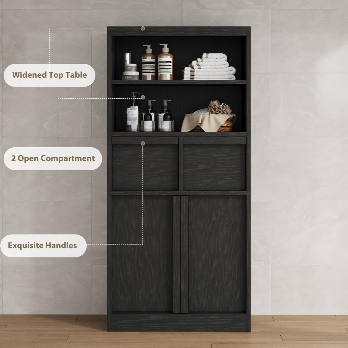 GarveeHome Tall Bathroom Cabinet, Floor Storage Cabinet with Doors & 2 Drawers, 51" H Tall Organizer Cabinet Freestanding for Bathroom, Living Room, Kitchen & Pantry (Black) GarveeHome