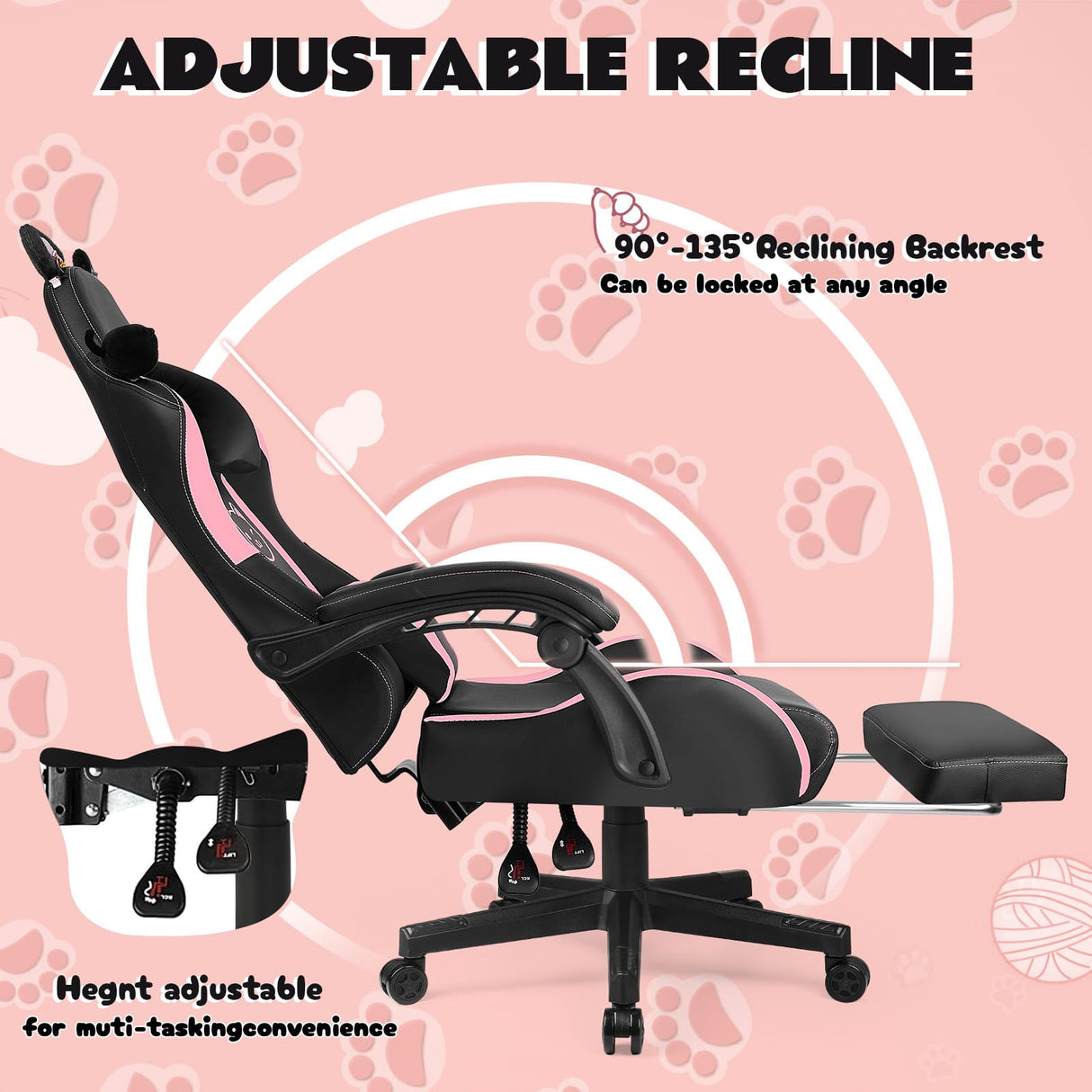 VITESSE Pink Gaming Chair for Girl with Cat Paw Lumbar Cushion and Cat Ears, Ergonomic Computer Chair for Girl with Footrest and Headrest Comfortable Reclining PC Game Chair for Adult,Kid (Black) VITESSE