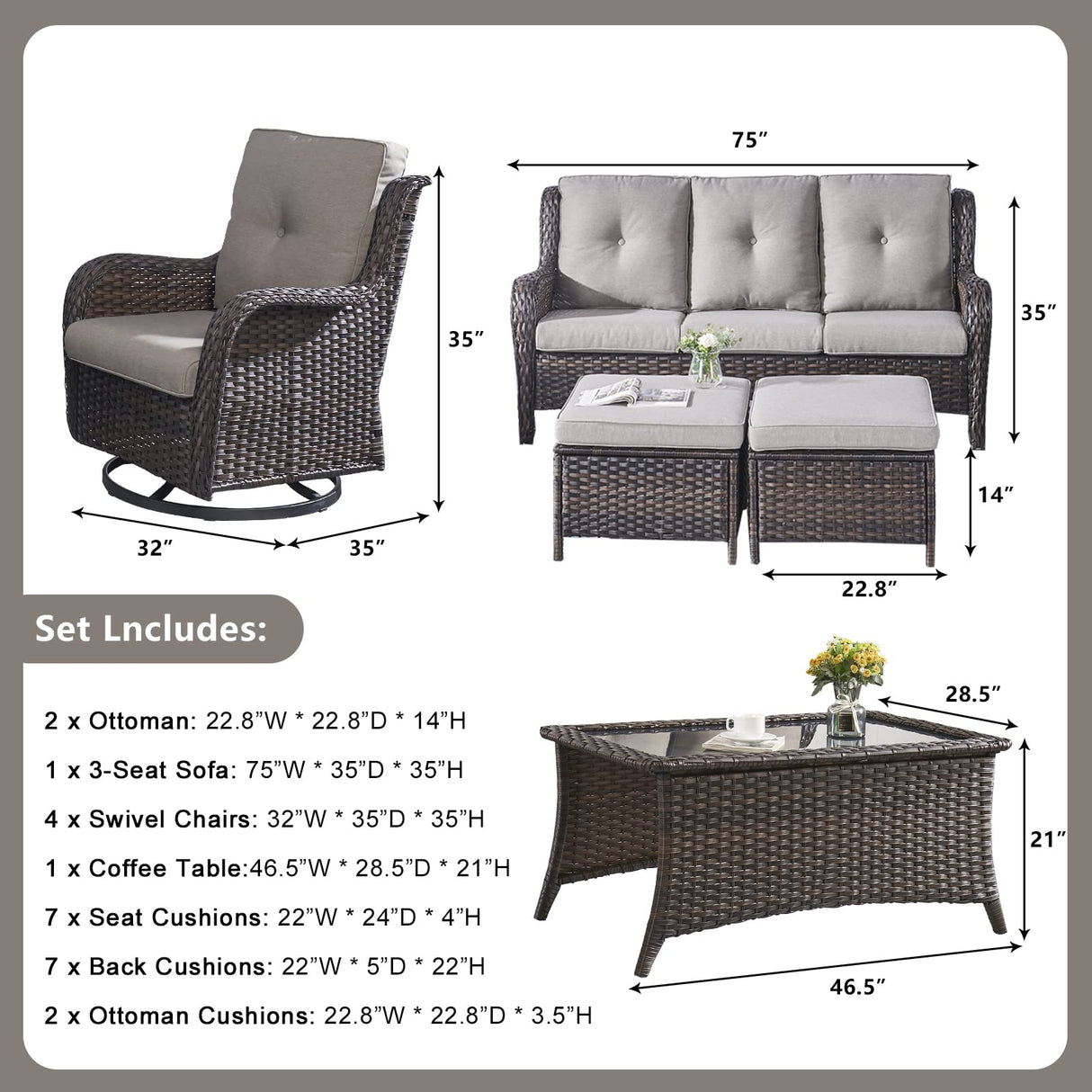 Rilyson Wicker Patio Furniture Set - 8 Piece Rattan Outdoor Sectional Conversation Sets with 4 Swivel Rocking Chairs,2 Ottomans,1 Sofa and 1 Coffee Table for Porch Deck Garden(Brown/Grey) Rilyson