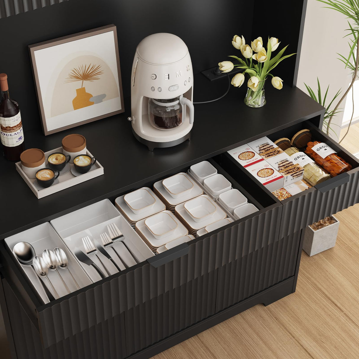 P.H.Furn 71" Pantry Cabinet, Kitchen Storage Cabinet with Drawers & Adjustable Shelf, Microwave Shelf, Kitchen Hutch with LED Light & Outlets for Dining Room/Entry/Hallway (Black) P.H.Furn