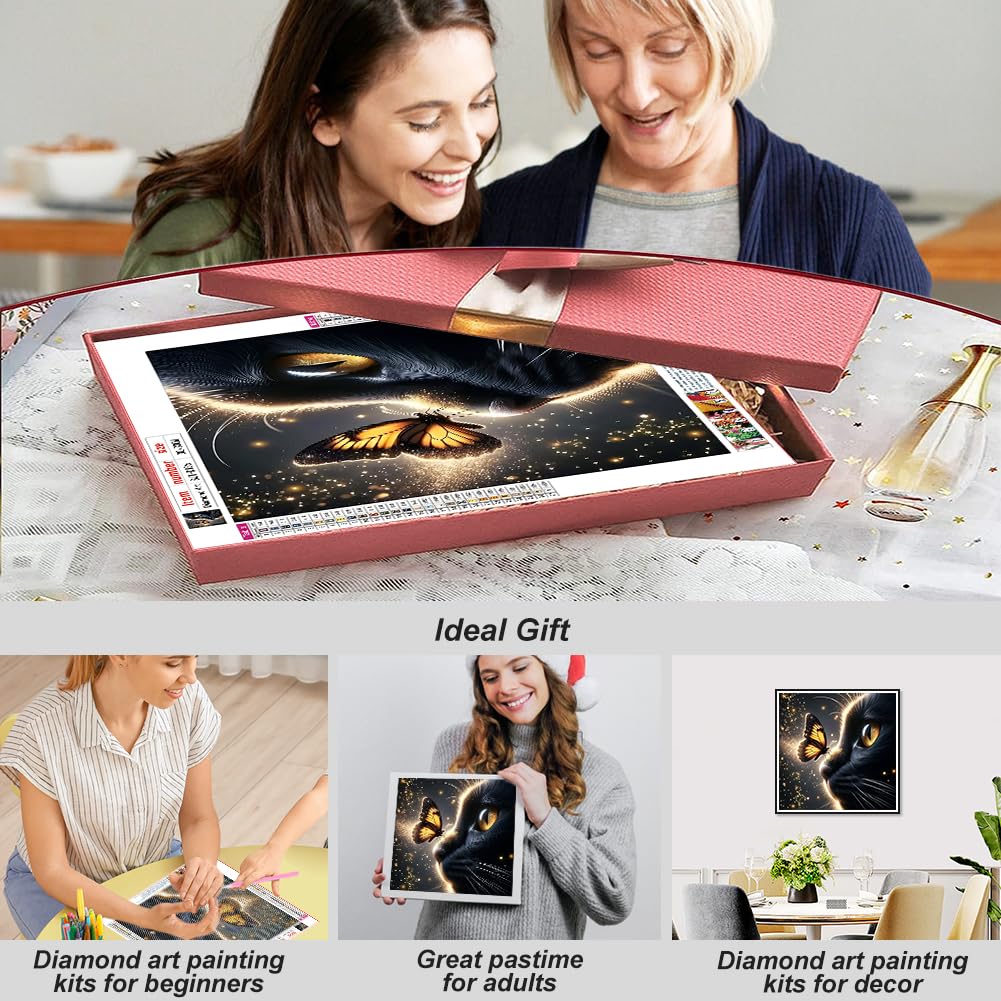 SJUTOUCI Cat Butterfly Diamond Painting Kits for Adults, Diamond Art Kits for Beginners, DIY 5D Full Drill Gem Craft Art for Home Decoration Gift 12x12 inch, Animals SJUTOUCI