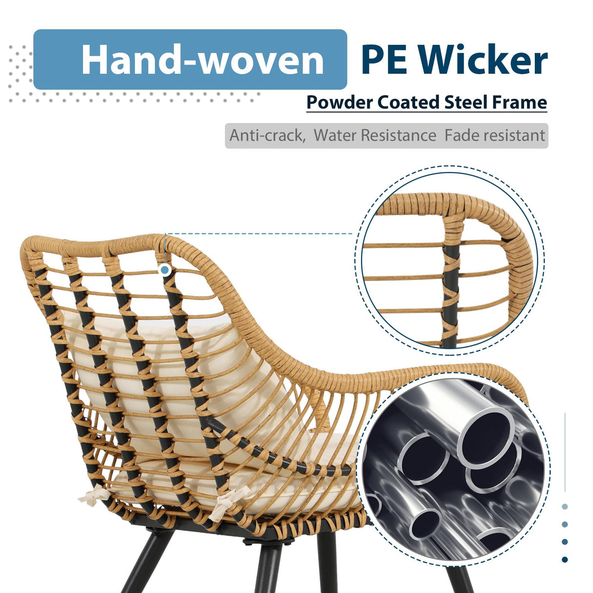JOIVI 3 Piece Outdoor Wicker Conversation Bistro Set, Patio Furniture Rattan Chairs and Square Side Table Set for Porch, Balcony, Poolside, Yard, White Cushion JOIVI