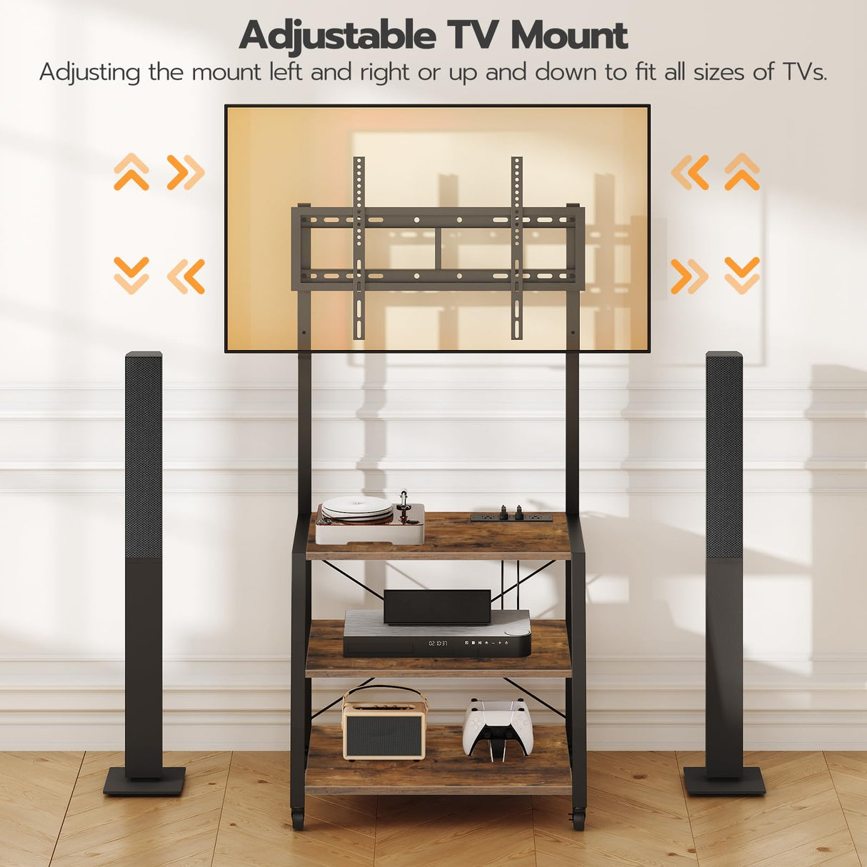 HOOBRO Rolling TV Stand with Mount and Power Outlet Up to 55 inch TV, Corner Entertainment Center, Small TV Stand with 3-Tier Storage Shelves for Living Room, Bedroom, Rustic Brown and Black BF66UDS01 HOOBRO