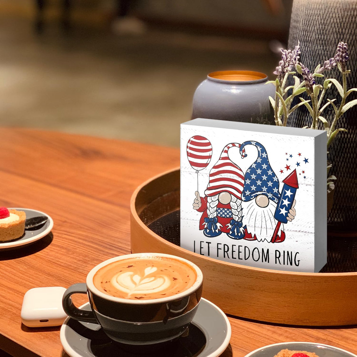JXREQ 4th of July Decorations, Patriotic Decor Wood Box Sign, Independence Day Tiered Tray Decor, Farmhouse Rustic Gnomes Let Freedom Ring Sign, Home Office Bedroom Table Decoration, 5x5 Inch JXREQ