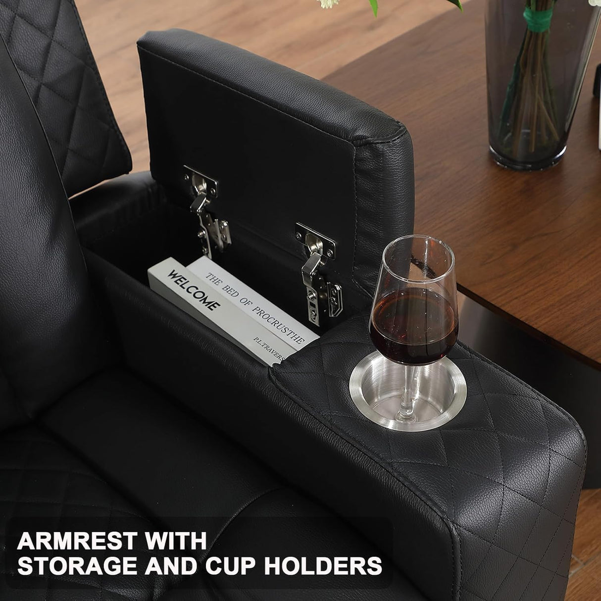 Power Recliner Sofa 3 Seat, Black Leather Reclining Loveseat with Console RV Furniture with Adjustable Headrest/Led Light/Storage/Reading Lamp/Cup Holder/USB&Wireless Charging poplarbox