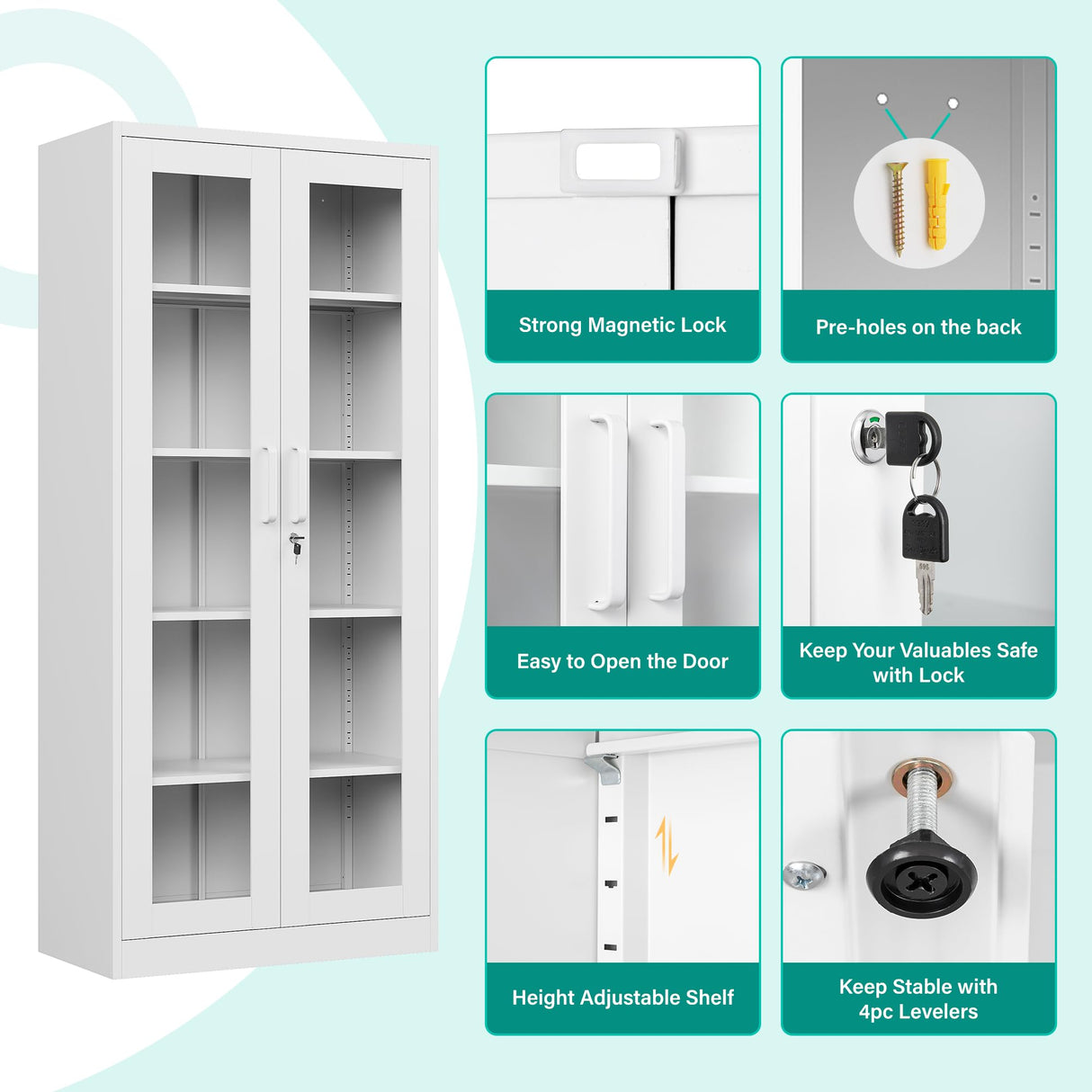 Metal Storage Cabinet with Lock and Glass Doors,Glass Display Cabinet,67" Tall White Storage Cabinets,Locking Curio Cabinets with 5 Shelves for Collectibles,Home,Office,Living Room SISESOL