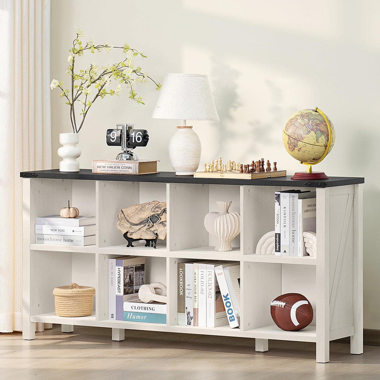 Joaxswe 8 Cube Book Shelf, Farmhouse Wood Long Storage Organizer Bookcase, 62" Horizontal Antique White & Black Console Bookshelf, Kids Toy Storage Cabinet, Modern Open Book Case for Playroom, Office Joaxswe